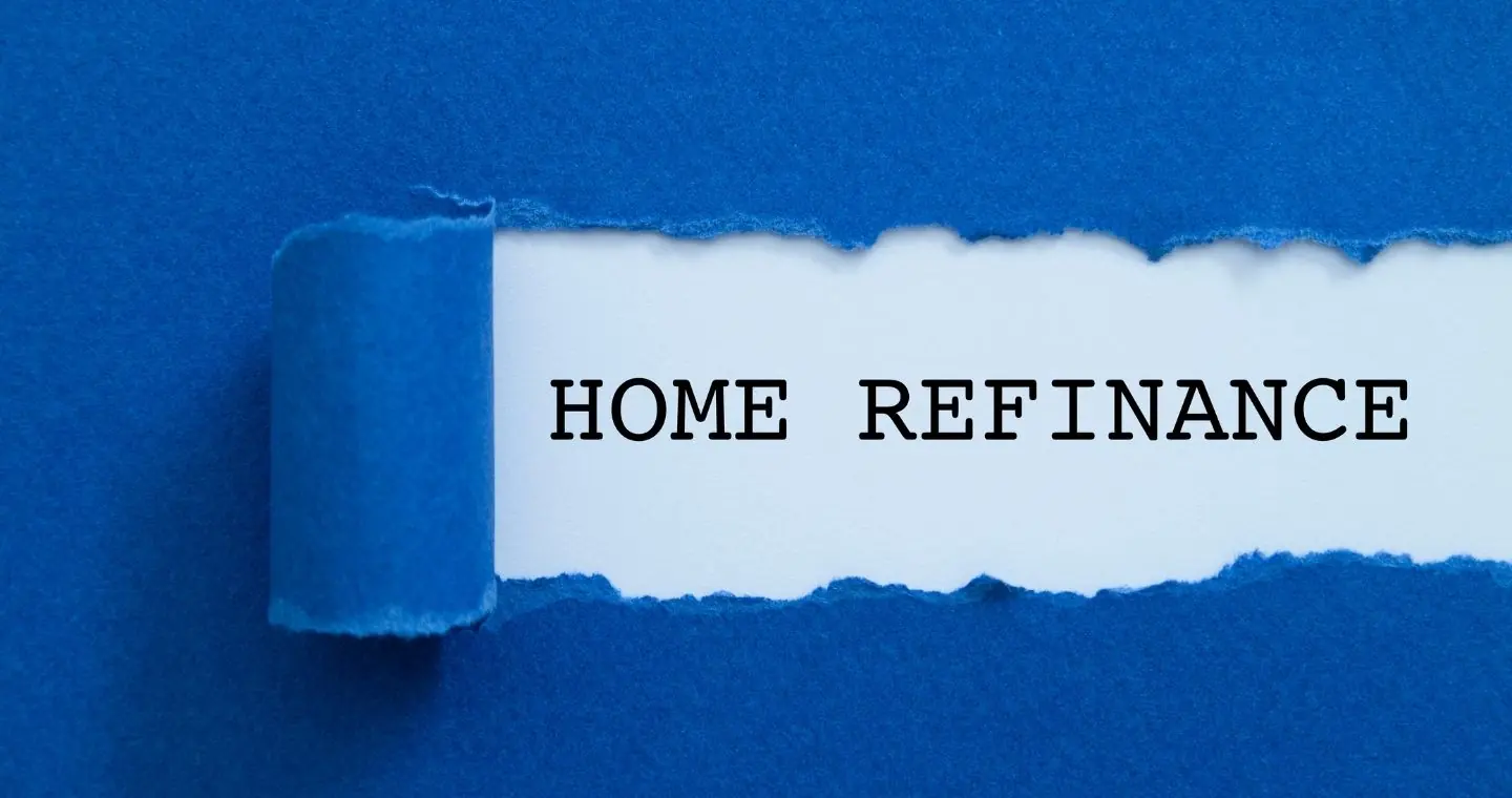 Torn blue paper revealing the words HOME REFINANCE