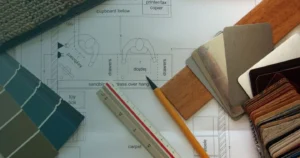 House floor plan with a ruler, pencil, paint swatches and material samples